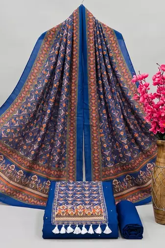 women's blue unstitched reyon cotton dress material with printed dupatta