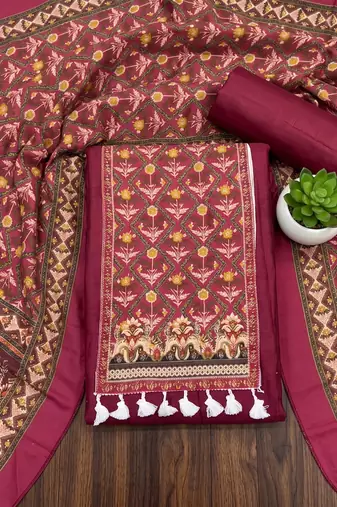 women's magenta unstitched reyon cotton dress material with printed dupatta