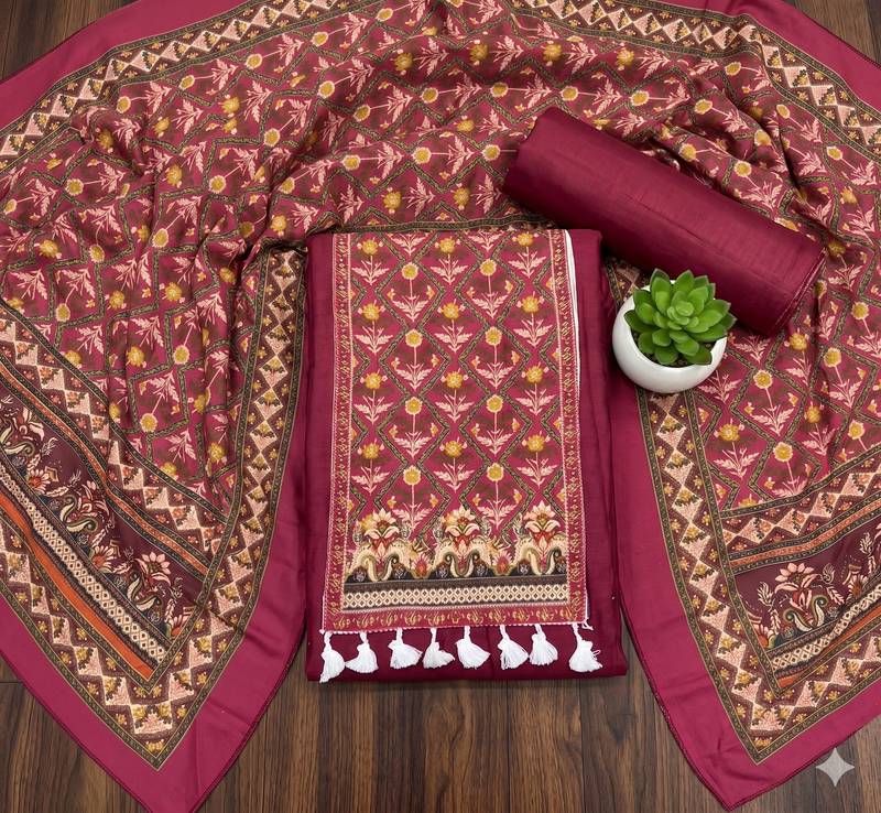 women's magenta unstitched reyon cotton dress material with printed dupatta