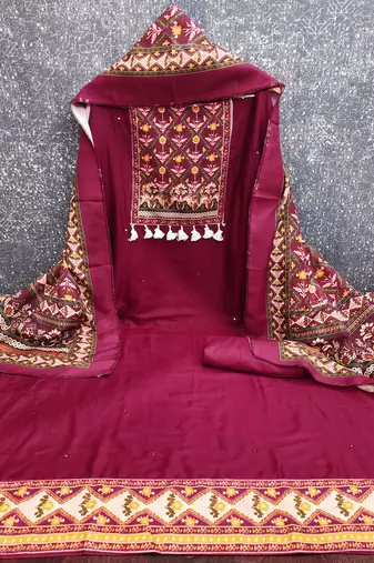 women's magenta unstitched reyon cotton dress material with printed dupatta