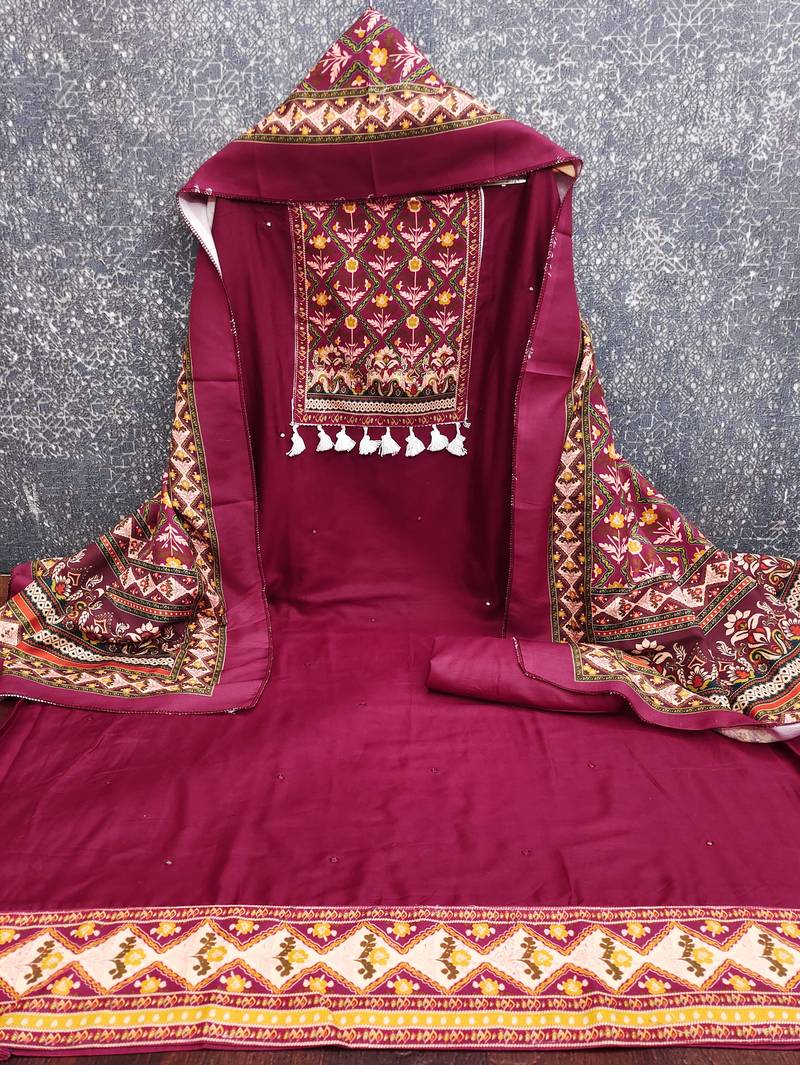 women's magenta unstitched reyon cotton dress material with printed dupatta