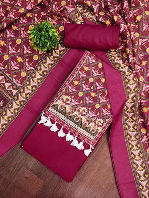 women's magenta unstitched reyon cotton dress material with printed dupatta 4