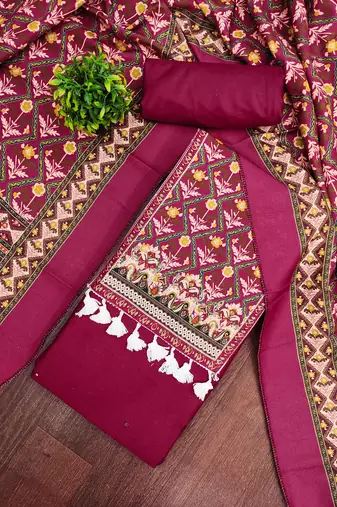 women's magenta unstitched reyon cotton dress material with printed dupatta