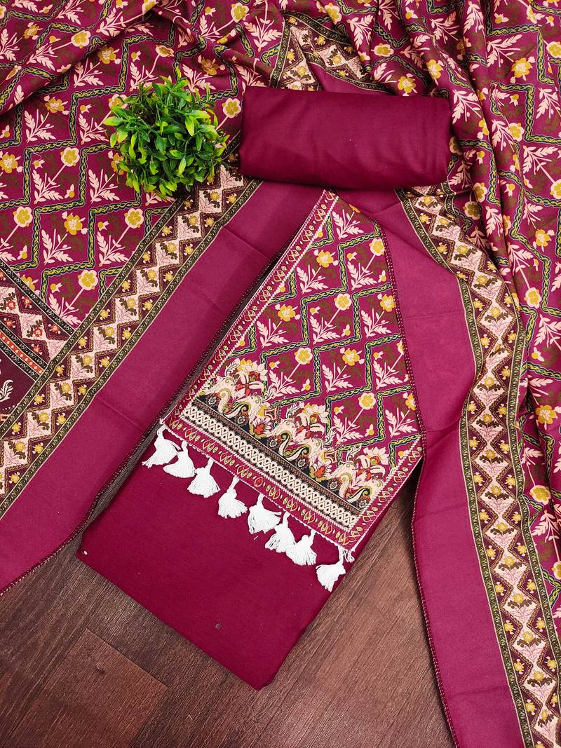 women's magenta unstitched reyon cotton dress material with printed dupatta