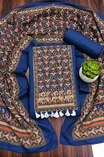 women's blue unstitched reyon cotton dress material with printed dupatta