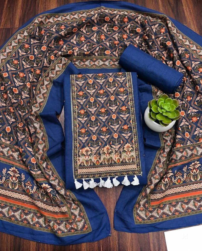 women's blue unstitched reyon cotton dress material with printed dupatta