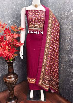 women's magenta unstitched reyon cotton dress material with printed dupatta 1