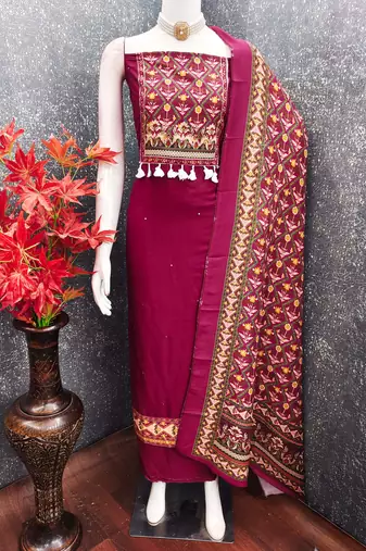 women's magenta unstitched reyon cotton dress material with printed dupatta