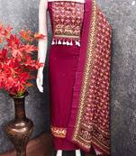 women's magenta unstitched reyon cotton dress material with printed dupatta