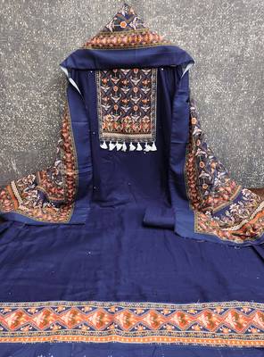 women's blue unstitched reyon cotton dress material with printed dupatta 3