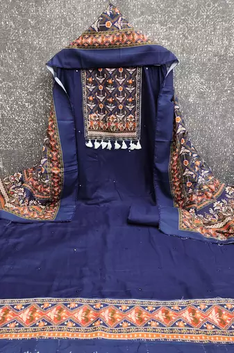 women's blue unstitched reyon cotton dress material with printed dupatta