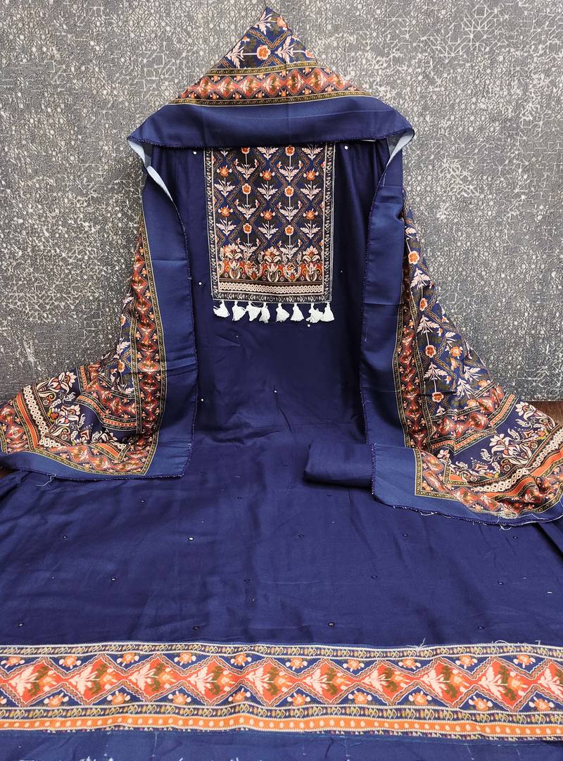 women's blue unstitched reyon cotton dress material with printed dupatta