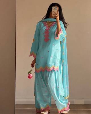 sky blue color embroidery work border chanderi salwar suit 1