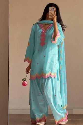 sky blue color embroidery work border chanderi salwar suit
