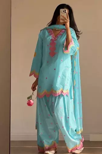 sky blue color embroidery work border chanderi salwar suit