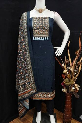 women's black unstitched reyon cotton dress material with printed dupatta