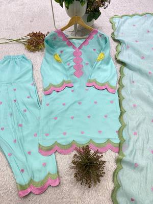 sky blue color embroidery work border chanderi salwar suit 2