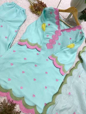 sky blue color embroidery work border chanderi salwar suit 3