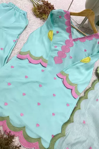 sky blue color embroidery work border chanderi salwar suit