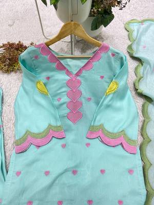 sky blue color embroidery work border chanderi salwar suit 4