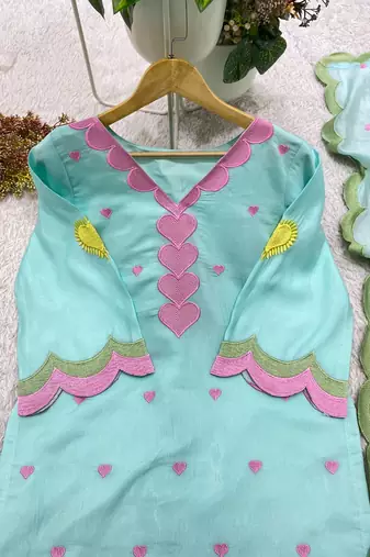sky blue color embroidery work border chanderi salwar suit