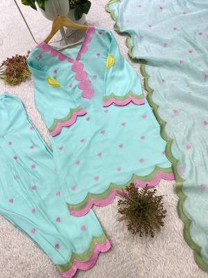 sky blue color embroidery work border chanderi salwar suit 5