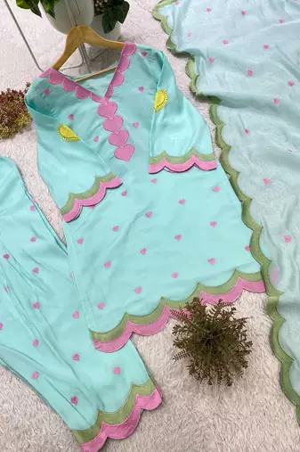 sky blue color embroidery work border chanderi salwar suit