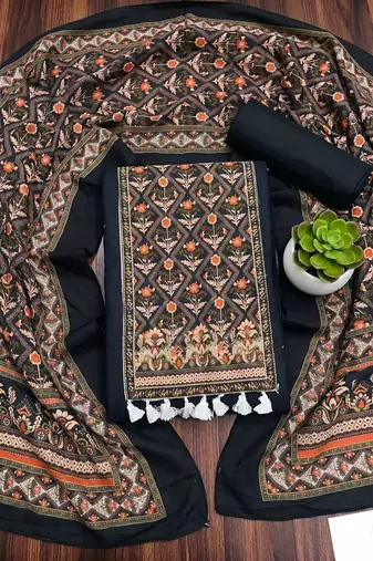 women's black unstitched reyon cotton dress material with printed dupatta