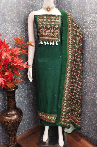 women's green unstitched reyon cotton dress material with printed dupatta