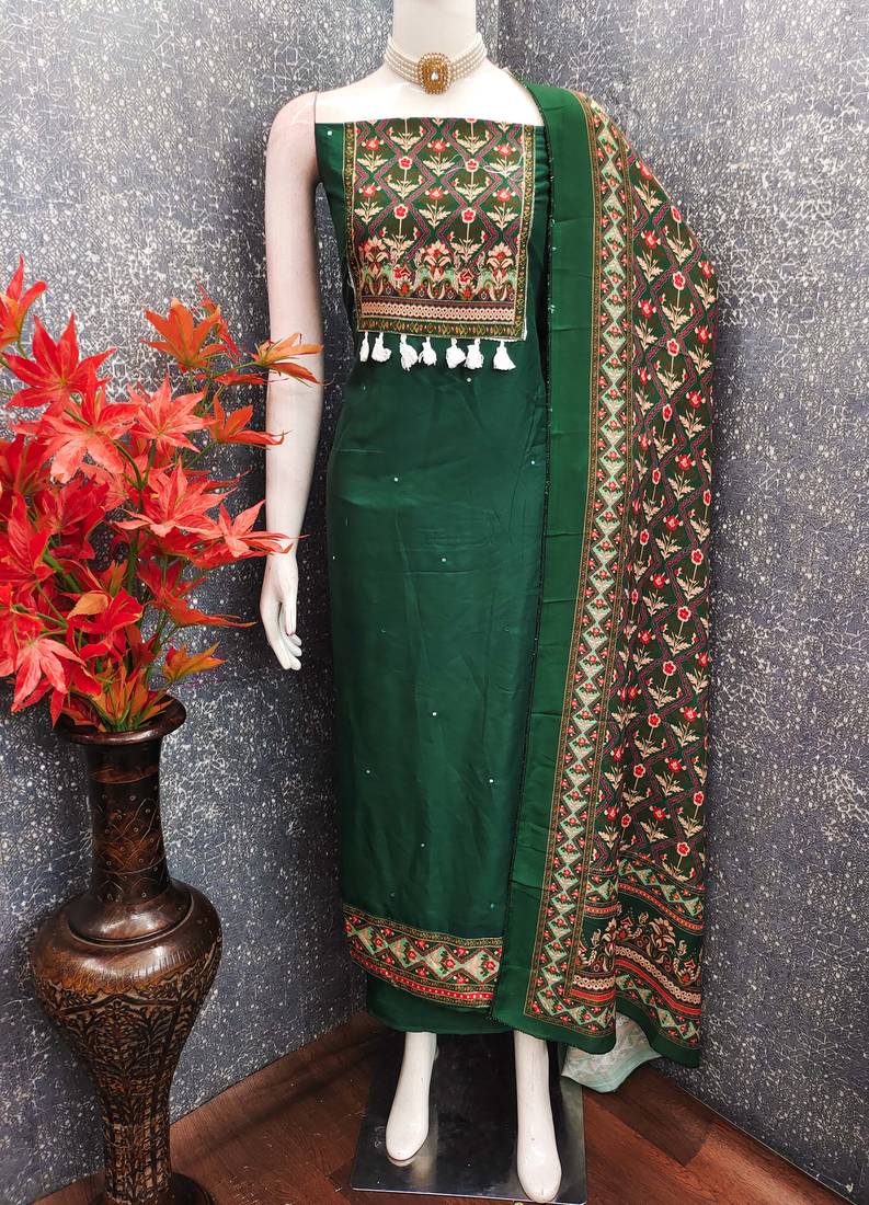 women's green unstitched reyon cotton dress material with printed dupatta