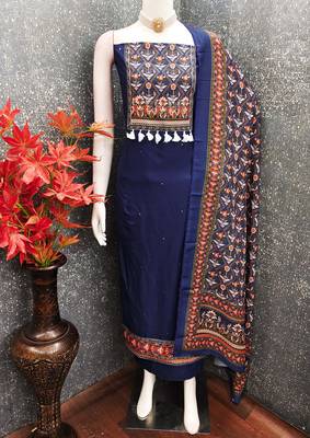 women's blue unstitched reyon cotton dress material with printed dupatta 1