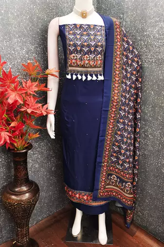 women's blue unstitched reyon cotton dress material with printed dupatta