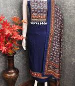women's blue unstitched reyon cotton dress material with printed dupatta