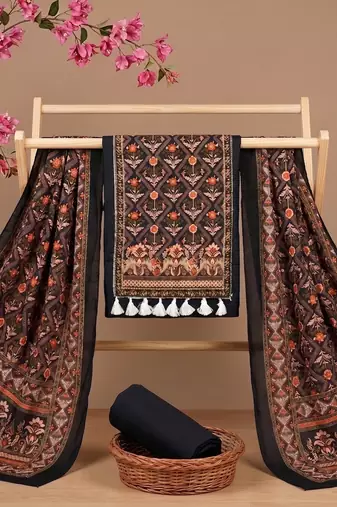 women's black unstitched reyon cotton dress material with printed dupatta