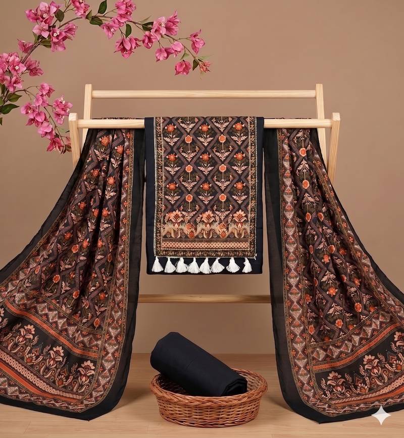 women's black unstitched reyon cotton dress material with printed dupatta