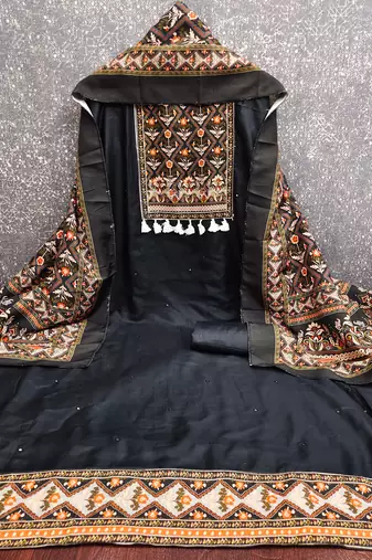 women's black unstitched reyon cotton dress material with printed dupatta