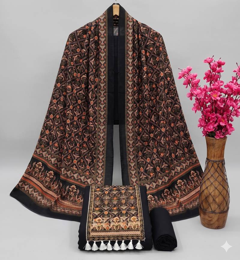 women's black unstitched reyon cotton dress material with printed dupatta