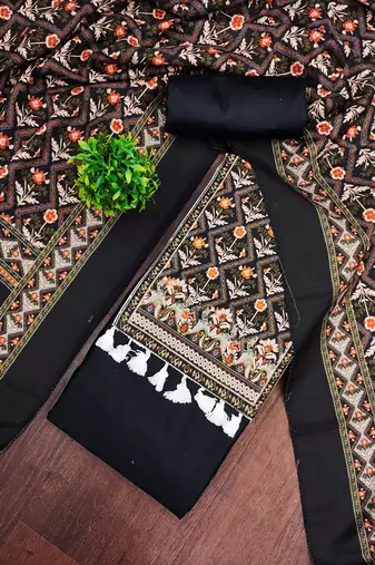 women's black unstitched reyon cotton dress material with printed dupatta