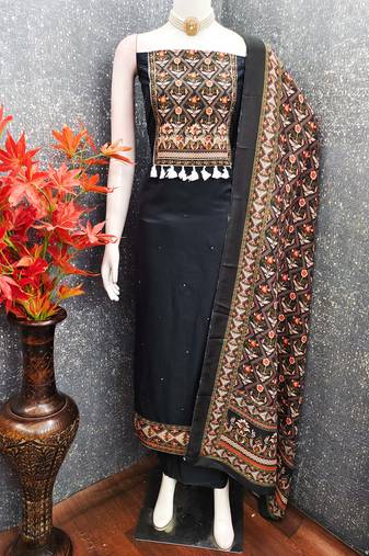 women's black unstitched reyon cotton dress material with printed dupatta
