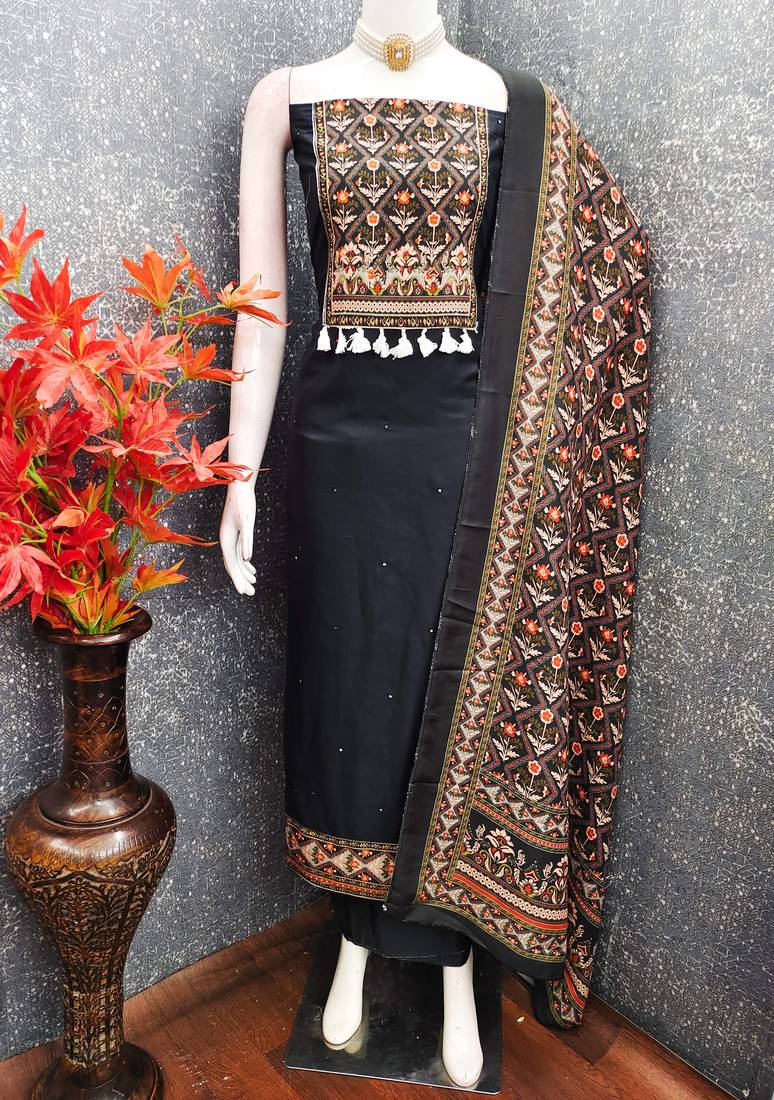 women's black unstitched reyon cotton dress material with printed dupatta