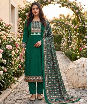 women's green unstitched reyon cotton dress material with printed dupatta 1