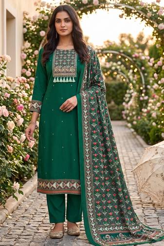 women's green unstitched reyon cotton dress material with printed dupatta