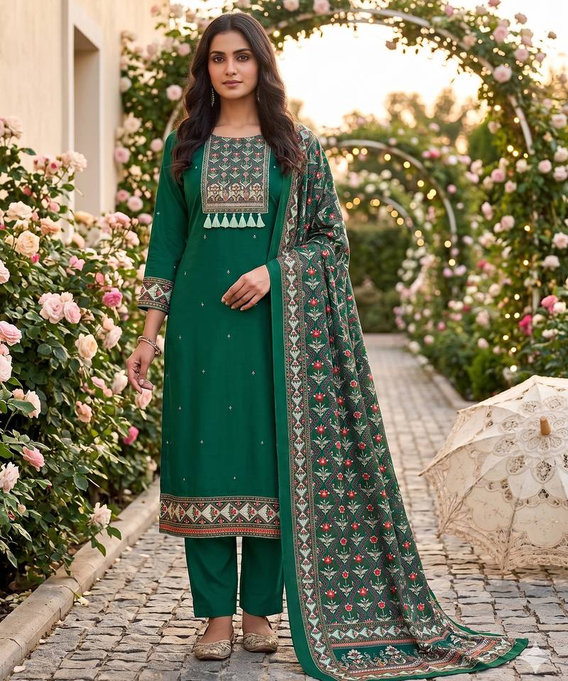 women's green unstitched reyon cotton dress material with printed dupatta