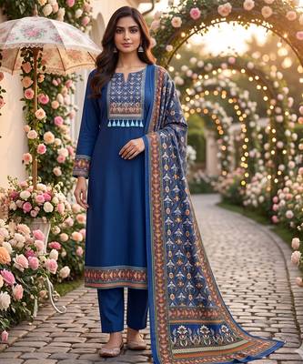 women's blue unstitched reyon cotton dress material with printed dupatta 1