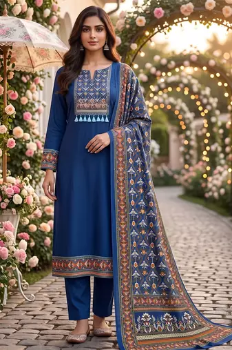 women's blue unstitched reyon cotton dress material with printed dupatta