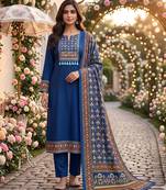 women's blue unstitched reyon cotton dress material with printed dupatta