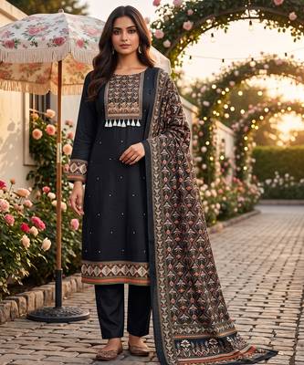 women's black unstitched reyon cotton dress material with printed dupatta 1