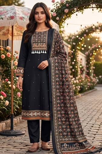 women's black unstitched reyon cotton dress material with printed dupatta