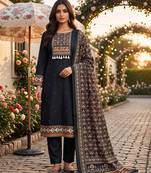 women's black unstitched reyon cotton dress material with printed dupatta