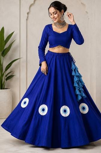 royal blue cotton embroidered patch work ghagra choli
